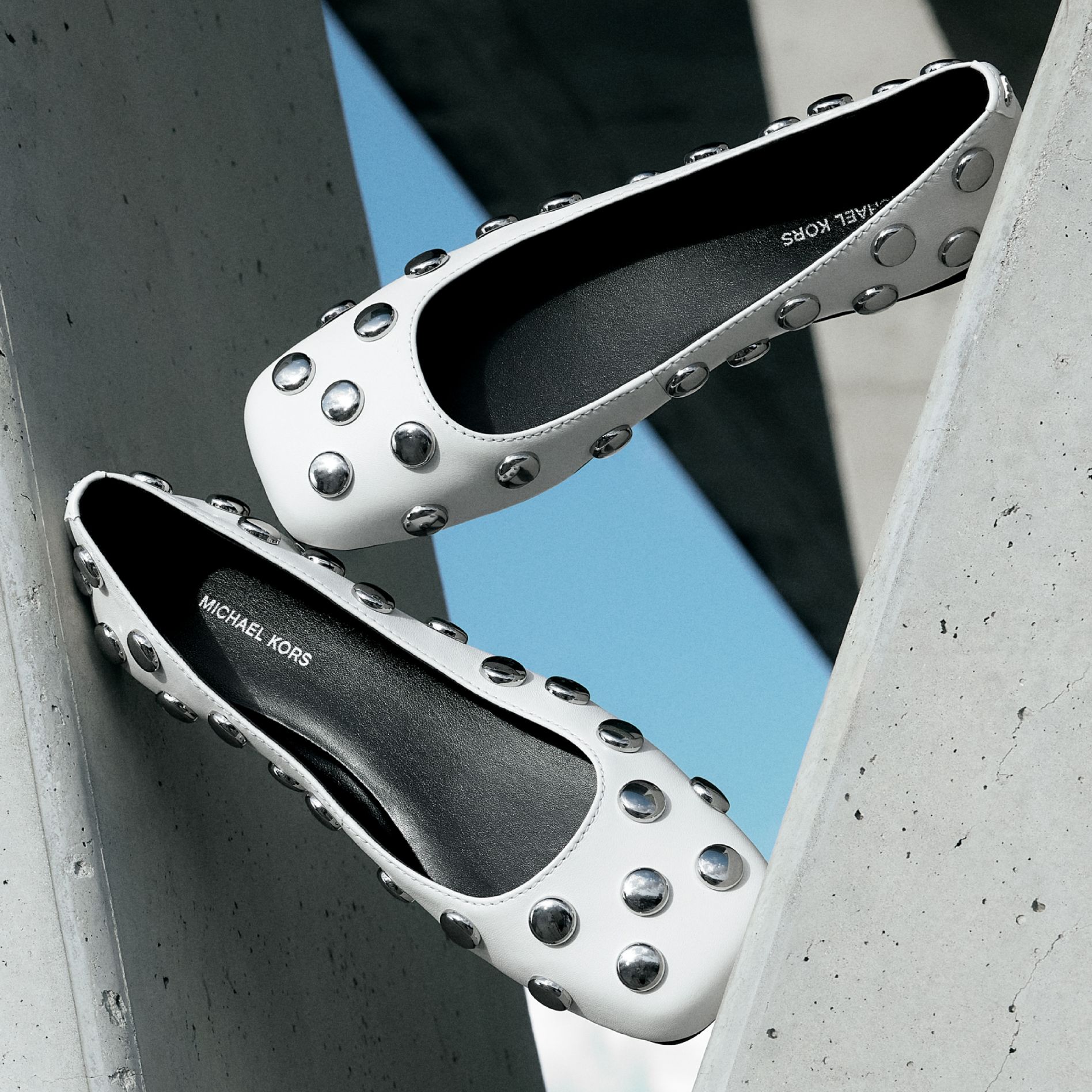 studded white ballet flats