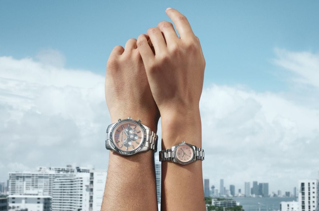 silver and pink watches