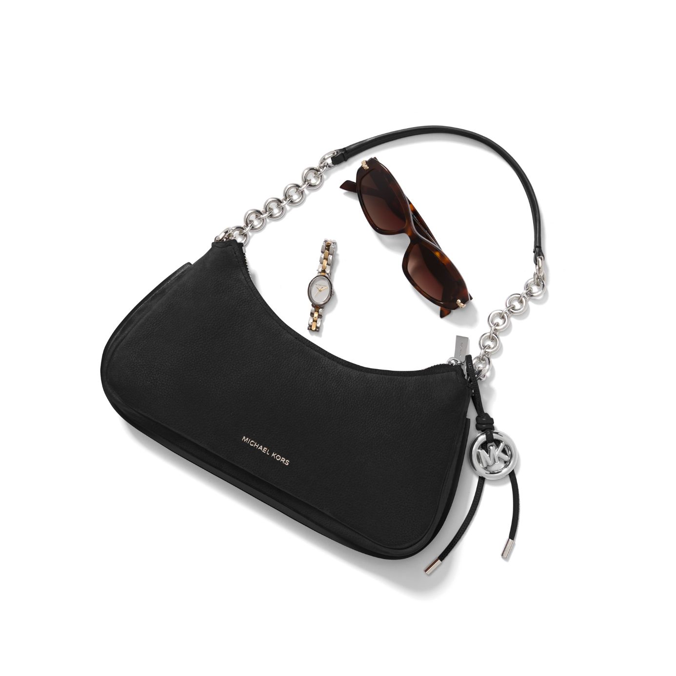 mini black leather shoulder bag with sunglasses and petite watch