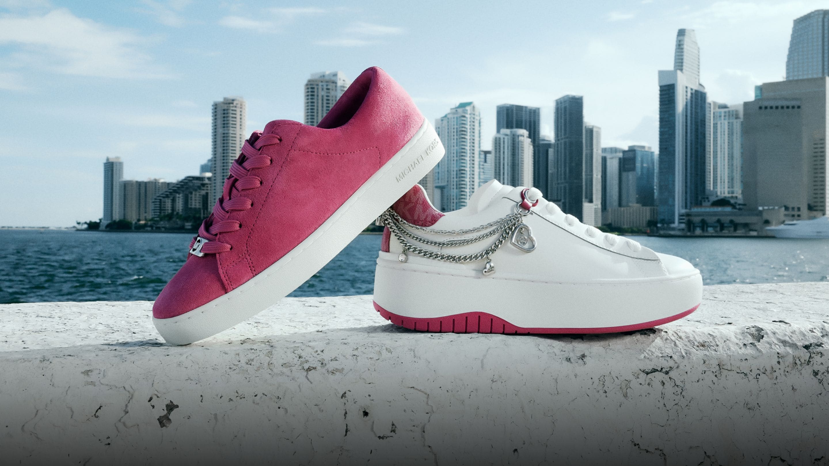 white and pink sneakers