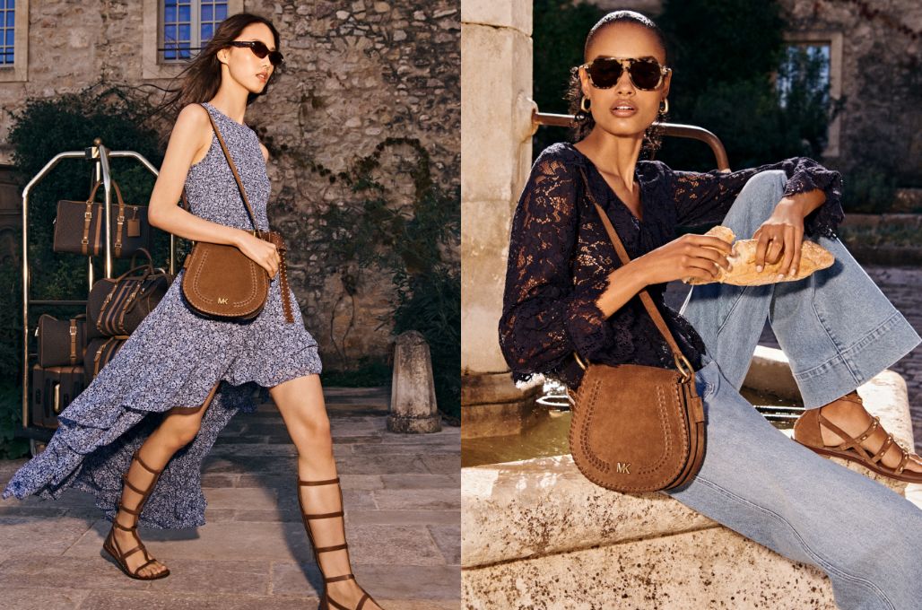 models wearing brown sueded crossbody bag