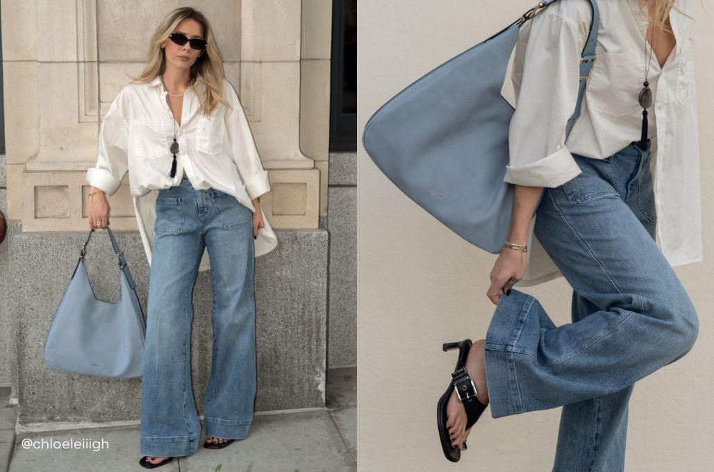 chloe leiiigh wearing blue nolita handbag