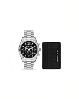 Oversized Lexington Silver-Tone Watch and Crocodile-Embossed Leather Card Case Gift Set